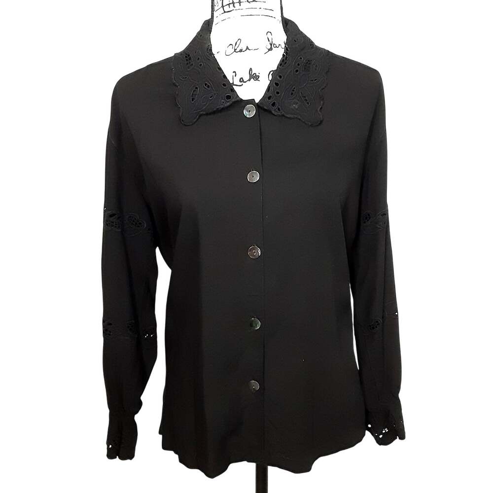 Vintage 80s Black Button Down Shirt Lace Collared Womens S Whimsy Goth Vampire